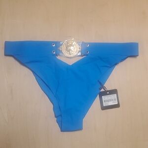 Honey Birdette Brooklyn Blue and Gold Bikini Bottom with Classic Cut